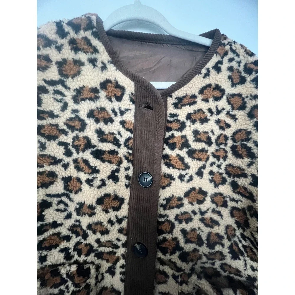 Trendy Leopard‎ Print Faux Fur Jacket Button Down Corduroy Trim Coat